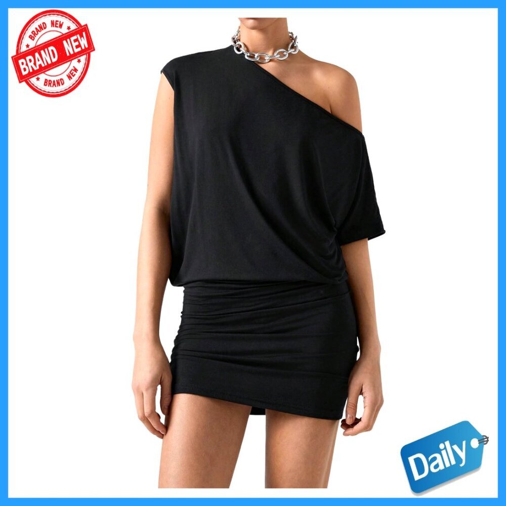 One Shoulder Ruched Mini Dress Asymmetrical Neck Bodycon Casual